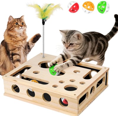 2-in-1 Kattenkrabdoos met Puzzel - Katten puzzel krabdoos van hout - Interactief kattenspeelgoed met schuurpapier - Krabkrat met bal en afneembaar hengeltje - Puzzelspel voor binnenkatten
