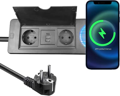 Inbouw Stopcontact - Bureau Contactdoos - Werkplek Organiseren - Draadloos Laden Ingebouwd - 230 x 71 mm Uitsparing - Zwart