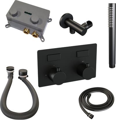 Brauer Black Edition thermostatische inbouw badkraan met drukknoppen SET 03 met badvulcombinatie en staaf handdouche en doucheslang en wandaansluitbocht mat zwart