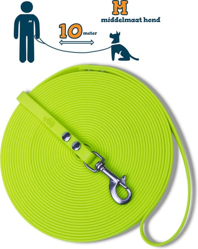 Miqdi lange lijn - BioThane® - neon geel - 10 meter lang – 13mm breed – M – middelmaat hond – lange hondenriem
