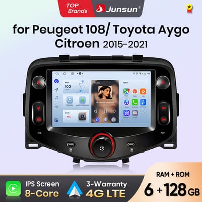 Junsun draadloze CarPlay Android Auto autoradio voor Peugeot 108 / Citroen C1 / Toyota Aygo (Mk2) 2014-2021 met ingebouwde koelventilator, Android GPS navigatie, multimediaspeler, WiFi, DSP, RDS, BT,