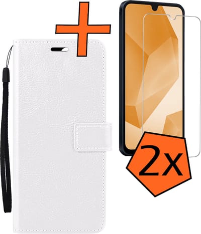 Hoes - Met 2x Screenprotector - Geschikt voor Samsung Galaxy A16 - Luxe Pasjeshouder - Bookcase Portemonee - Flip Case - Kunstleer Book Case - Flipcase Hoes - Book Cover - Walletcase - PortemonneeHoes - Wit