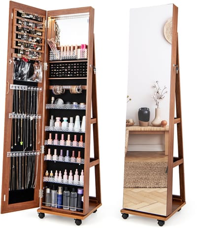 COSTWAY Sieradenkast met wieltjes, spiegelkast, afsluitbaar met ledlampen en verstelbare planken, staande spiegel, sieradenrek, full-body-spiegel, voor kettingen, oorbellen, make-up, bruin