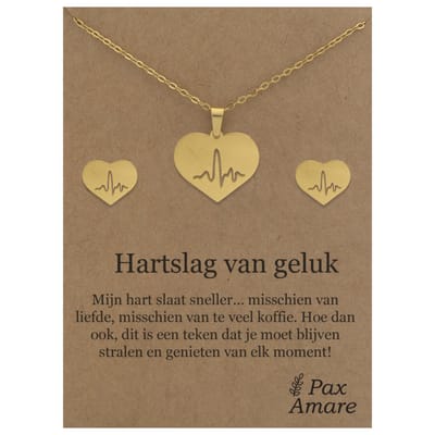 Stainless Steel Hartje met Levenslijn Ketting + Oorbellen Setje op Cadeau Kaartje - Hartslag van geluk - 45 cm ketting & ± 10x10mm Oorknopjes - Goudkleurig Roestvrij Staal - Pax Amare