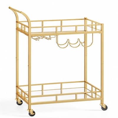 SmartLiving.Store - Keukentrolley - Serveerwagen - Serveerkar met Glazenhouder - Serveertrolley met Rem - 38 x 60 x 90 cm - Goud