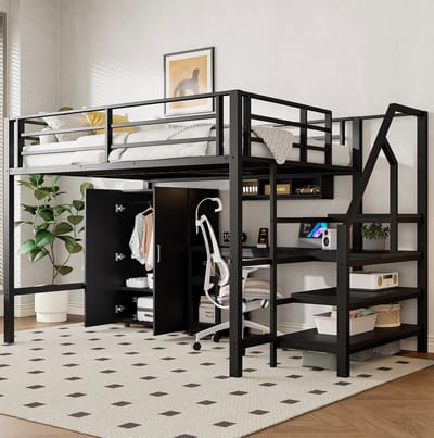 MEUNIQ hoogslaper 140x200 cm met bureau, kledingkast en meerlagige opbergrekken, zwart metalen frame en MDF voor kinderkamer