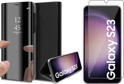 Hoesje geschikt voor Samsung Galaxy S23 - Screen Protector GlassGuard - Book Case Spiegel Zwart & Screenprotector