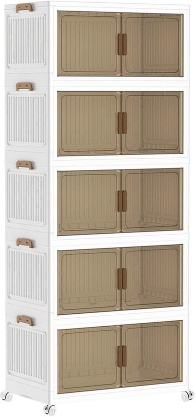 Noventra - Opvouwbare Opbergkast - 5 Lagen - Verrijdbare Opbergkast met Deuren - Transparante Deuren - Wit - 67,5 x 40 x 167 cm