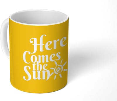 Mok - Koffiemok - Geel - Blauw - Here comes the sun - Mokken - 350 ML - Beker - Koffiemokken - Theemok