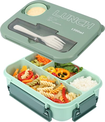 Mooie Lunchbox 1300ml - BPA vrij - Bentobox - Ook te gebruiken als Broodtrommel - Groen - Met Bestek en Sausbakje