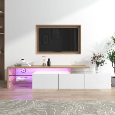 TV-meubel - Hoogglans en LED - Glazen Planken en Houtoptiek - Elegant Design - Hout en Glas - Wit