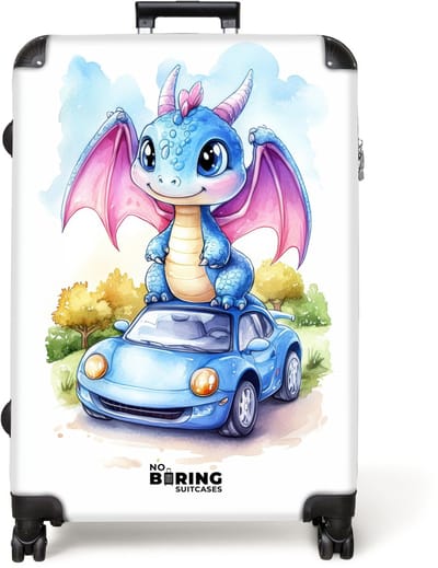 NoBoringSuitcases.com® - Koffer groot - Reiskoffer lichtgewicht - Baby draak op blauwe auto in bosrijk landschap - Rolkoffer met 4 wielen - Grote trolley XL - 98 liter bagage