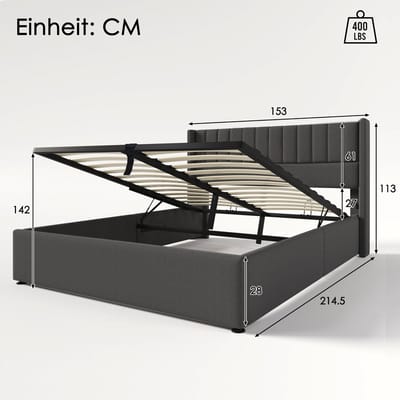 Stauraumbett Polsterbett Hydraulisch 140x200 cm - Lattenrost uit hout - Metalen frame - Linnen Grijs met Matras