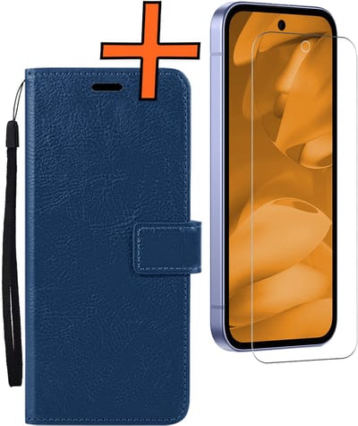 Hoes - Met Screenprotector - Geschikt voor Google Pixel 9a - Luxe Pasjeshouder - Bookcase Portemonee - Flip Case - Kunstleer Book Case - Flipcase - Book Cover - Walletcase - PortemonneeHoes - Donkerblauw