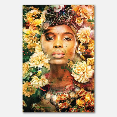 Poster op papier - 40 x 60 cm - Vrouwelijk portret met bloemen en kleurrijke sjaal - PosterJunkie