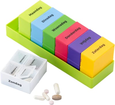 Ruim pillendoosje / Medicijnendoosje Nederlands | 7 dagen in verschillende kleuren vakjes, 4 vakken per dag | Pillendoos | Pillen box | Medicijndoos | Medicijn box