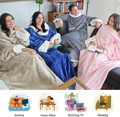 Dailygoods - Stijlvolle deken met mouwen - Draagbare knuffeldeken - Blauw - Micropluche fleece - Warmte voor volwassenen - Ideaal voor winter en kerst