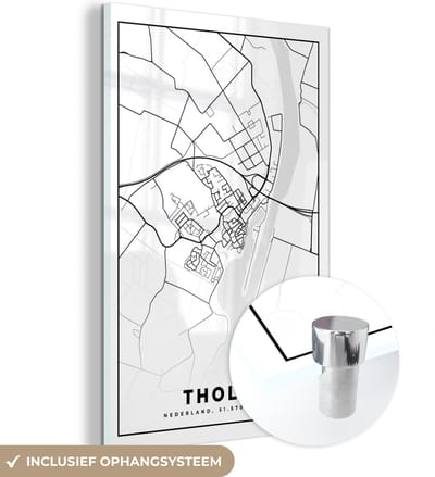 MuchoWow® Glasschilderij 40x60 cm - Schilderij acrylglas - Kaart - Tholen - Zwart - Wit - Foto op glas - Schilderijen