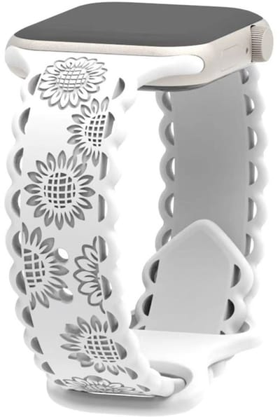Siliconen bandje - geschikt voor Apple Watch 1/2/3/4/5/6/7/8/9/10/11/ SE (1,2,3) met maat 38 mm / 40 mm / 41 mm en 42 mm (Watch 10/11) - zonnebloem patroon met druksluiting - wit