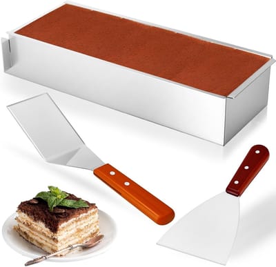 Verstelbaar rechthoekig bakframe voor tiramisu, taart en desserts, roestvrij staal, eenvoudig schoon te maken met verwijderbare wand en 2 schrapers