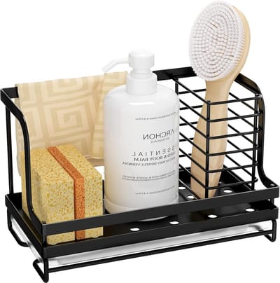Aanrecht Organizer Caddy met Afvoerpan Probeer Spons Scrubber Borstel Vaatdoek Houder Rack Teller Roestvrij Staal Roestvrij Zwart