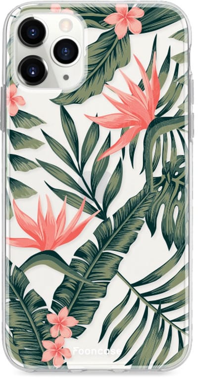 Fooncase Hoesje Geschikt voor iPhone 12 Pro - Shockproof Case - Back Cover / Soft Case - Tropical Desire / Bladeren / Roze