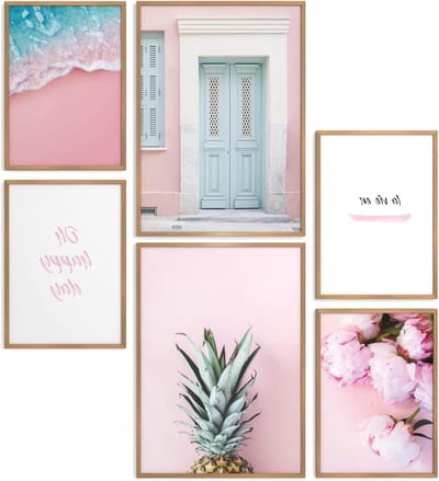 Poster Set - Wanddecoratie - Woonkamer Decoratie - Set van 6 Prints - 2x A3 4x A4 - Roze Thema