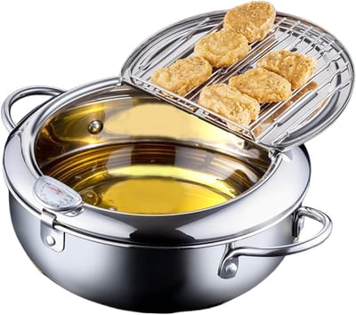 Mini Frituurpan - Kleine Friteuse - Thuis Frituren - Met Ingebouwde Thermometer - 20 cm Diameter - Zilver
