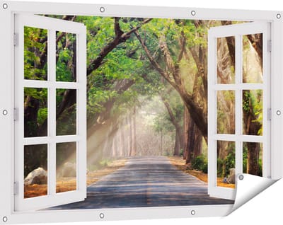 Gards Tuinposter Doorkijk Weg Omringd met Bomen - 120x80 cm - Tuindoek - Tuindecoratie - Wanddecoratie buiten - Tuinschilderij