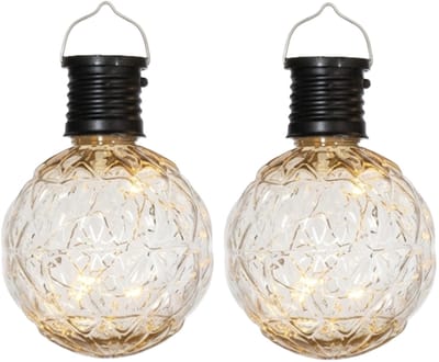 Anna's Collection Solar sfeer hanglamp - 2x - tuin - lampenbol - bewerkt glas - zwart - 11 cm - ophang haakje - solarverlichting