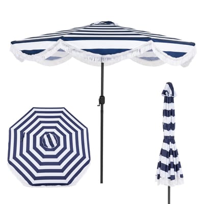 COSTWAY Boho parasol, 270 cm tuinparasol met draaihendel, 30° kantelbaar aan beide zijden, balkonparasol met franjes, terrasparasol, marktparasol voor tuin, balkon, terras, blauw-wit gestreept
