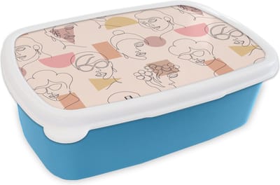 Broodtrommel Blauw - Lunchbox - Brooddoos - Line Art - Gezicht - Vrouwen - Patronen - 18x12x6 cm - Kinderen - Jongen