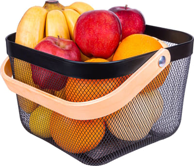 QUVIO Draagbare mand - Draadmand - Mand staaldraad - Zwarte opbergmand - Fruitmand - Zwarte mand - Met houten handvat - Metaal - Zwart