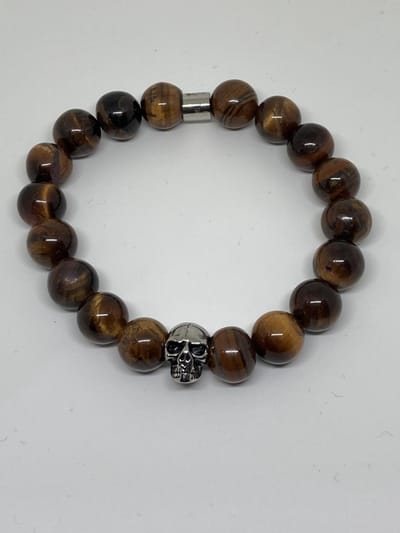 RH-Jewelry. Heren armband. Tijgeroog met stalen Skull. maat 21 cm.