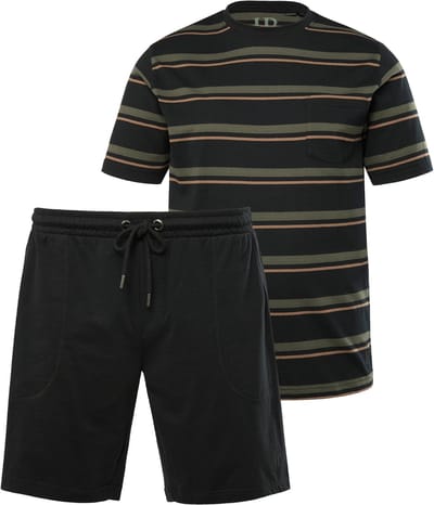 JP 1880 - Heren - Pyjama loungewear tweedelige set T-shirt met strepen short - Zwart - Maat 3XL