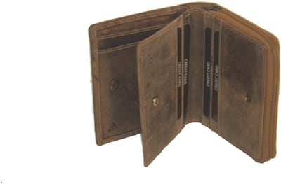 Oi Hunter bruine leren rits portemonnee compact model / beurs met rits voor muntgeld / kleine afsluitbare portemonnee voor 6 pasjes / beveiligd tegen skimmen / bruin leer / 293H