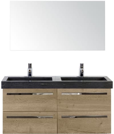Seville Badmeubelset 120 cm - 4 Laden Natuur Eiken - Wastafel Hardsteen Wit Lucca met Spiegel