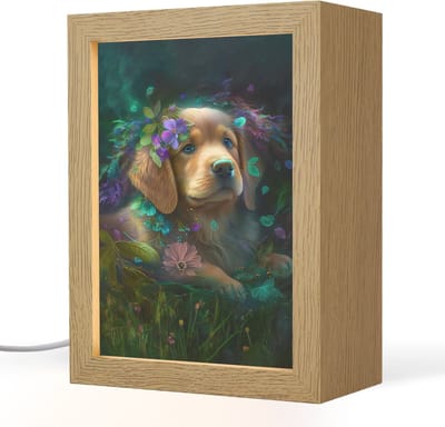Nachtlampje 15x20 cm - Kinder lampje - Hond - Puppy - Bloemen - Natuur - Golden retriever - Tafellamp kinderkamer - Slaapkamer lamp - Bedlamp kinderen - Kinderlampje stopcontact - Wandlamp babykamer - Nachtlampjes