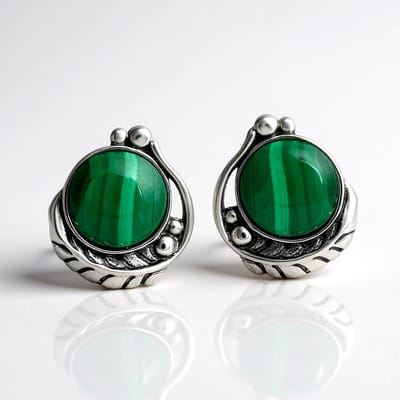 Cavill - Zilveren oorbellen met malachiet 8 mm - 925 Sterling Zilver Geoxideerd - 5,445 ct - Handgemaakte dames oorbellen met bladmotief en pareltjes