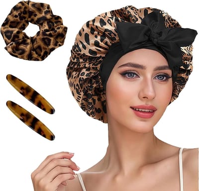 Zijde Nachtmuts voor Dames, Leopardprint Haarmuts met Elastische Band, Dubbel Laags Satijnen Nachtkap voor Lang Krullend Haar, Ideaal voor Bescherming en Comfort