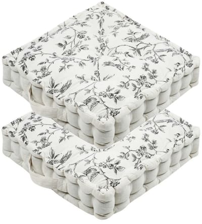 Stof Textile Vloerkussen Leaves - 2x - wit/grijs - katoen/polyester - 45 x 45 x 10 cm - vierkant - Extra dik - extra zitplaatsen