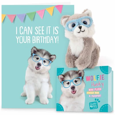 Studio Pets® set mini knuffel Alaskan Malamute Wolfie 8 cm met verjaardagskaart – hond knuffel cadeau voor kinderen