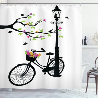 New Bed, Douchegordijn Retro Fiets Bloemen Zwart-Wit İllustratie, Badkamer Decor Set met Haakjes 180 cm B 200 cm L