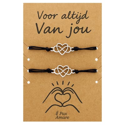 Koppel Armbandjes voor 2 "Voor altijd van Jou" - Hartje in Oneindigheidsteken - Vriendschapsarmbandjes met Valentijn Cadeau Kaartje - Zilverkleurig - Elastisch Verstelbaar - Pax Amare