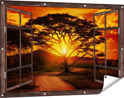 Gards Tuinposter Doorkijk Zonsondergang Achter een Savanne Boom - 120x80 cm - Tuindoek - Tuindecoratie - Wanddecoratie buiten - Tuinschilderij