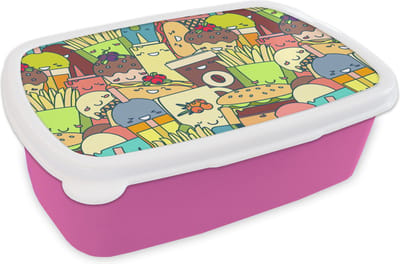Broodtrommel Roze - Lunchbox - Brooddoos - Kawaii - Patronen - Fast Food - 18x12x6 cm - Kinderen - Meisje