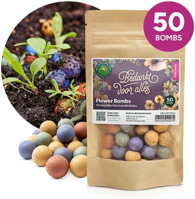 Flower Bombs - Zaadbommen mix - Bedankt voor alles! - 50 stuks - Biologische wilde bloemzaden - Handgemaakte bloembommetjes - Leuk cadeau of relatiegeschenk