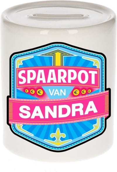 Bellatio Decorations Kinder spaarpot met naam - Sandra - keramiek - met dop - wit - Sparen - Spaargeld van Sandra