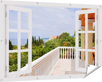 Gards Tuinposter Doorkijk Terras in Toscane - 150x100 cm - Tuindoek - Tuindecoratie - Wanddecoratie buiten - Tuinschilderij