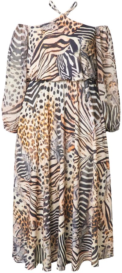 Ulla Popken - Dames - Offshoulder maxi-jurk chiffon dierenpatchprint - Donker kiezel - Maat 44